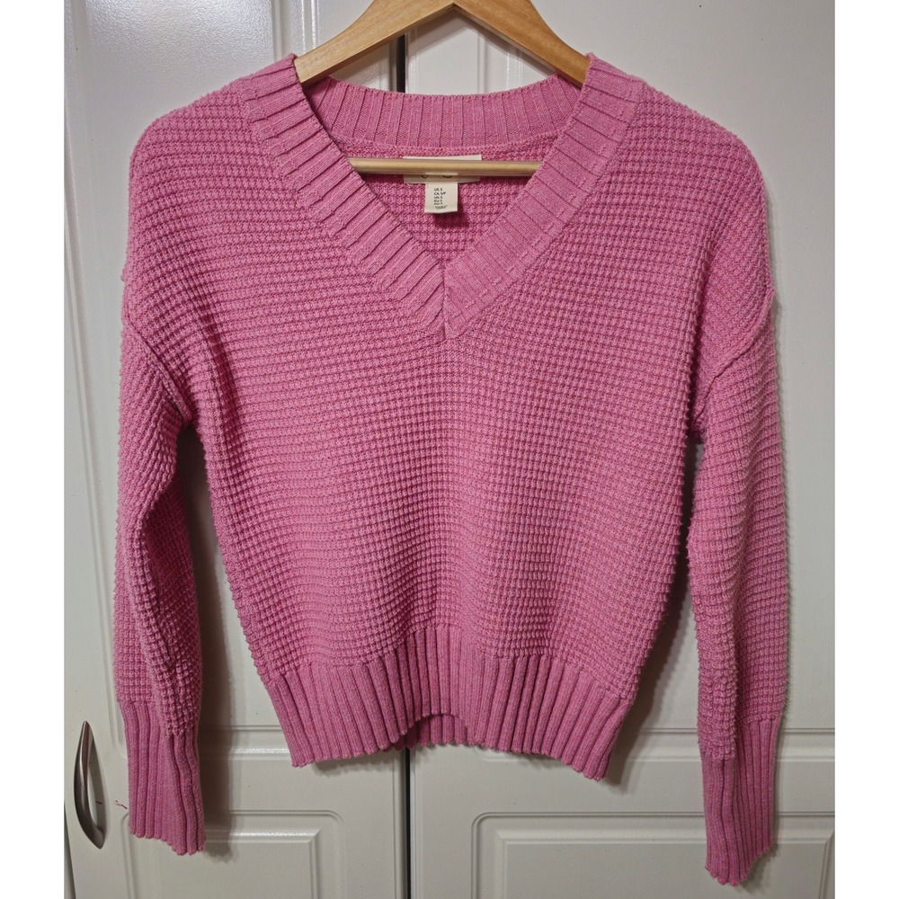 Jessica Simpson Pink Waffle Knit V-Neck Pullover Sweater Womens Small